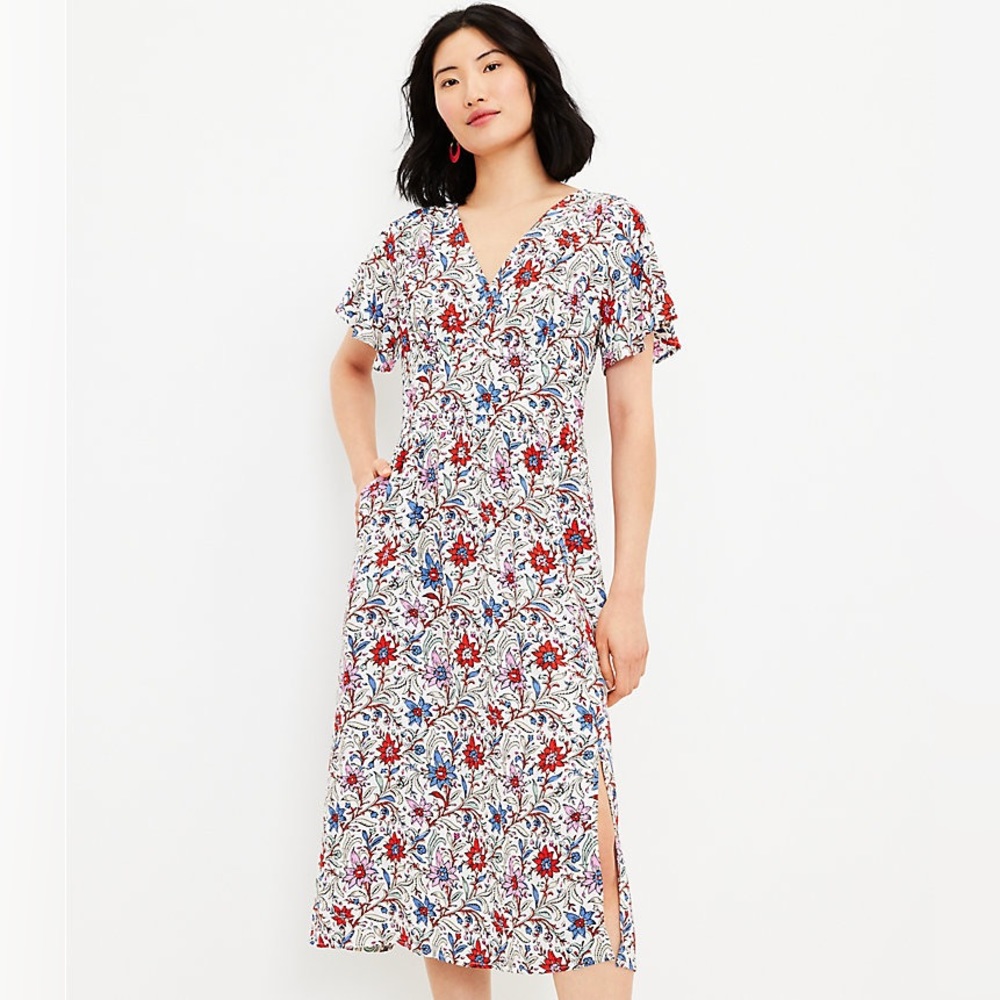 Loft Floral Flutter Sleeve V-Neck Midi Pocket Dress (4) New